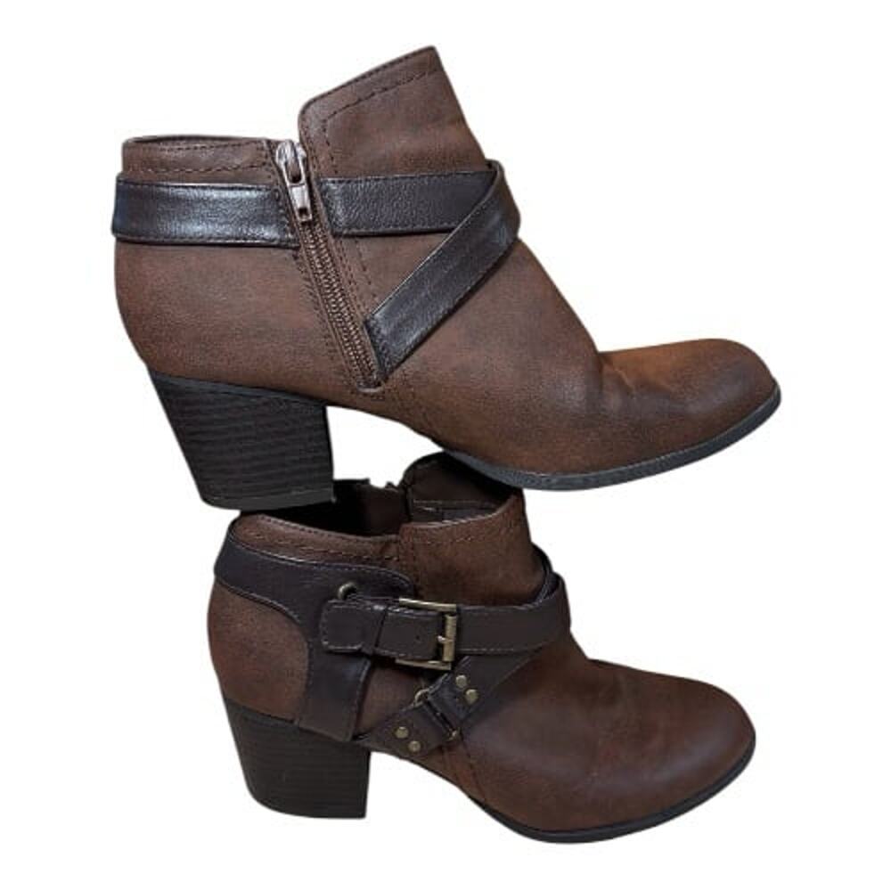 Indigo Rd brown leather chunky heel strapped side buckled booties ankle boots